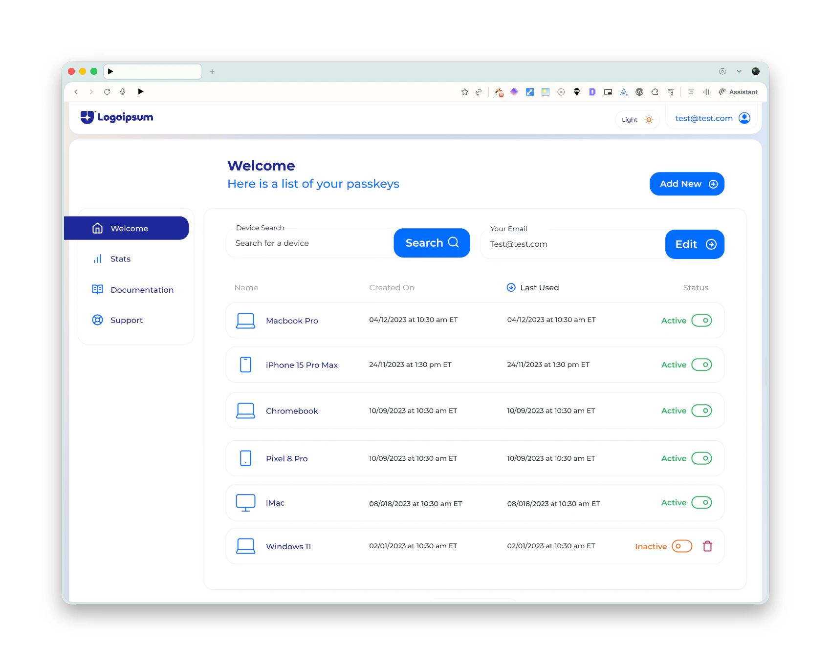Passkey admin screen