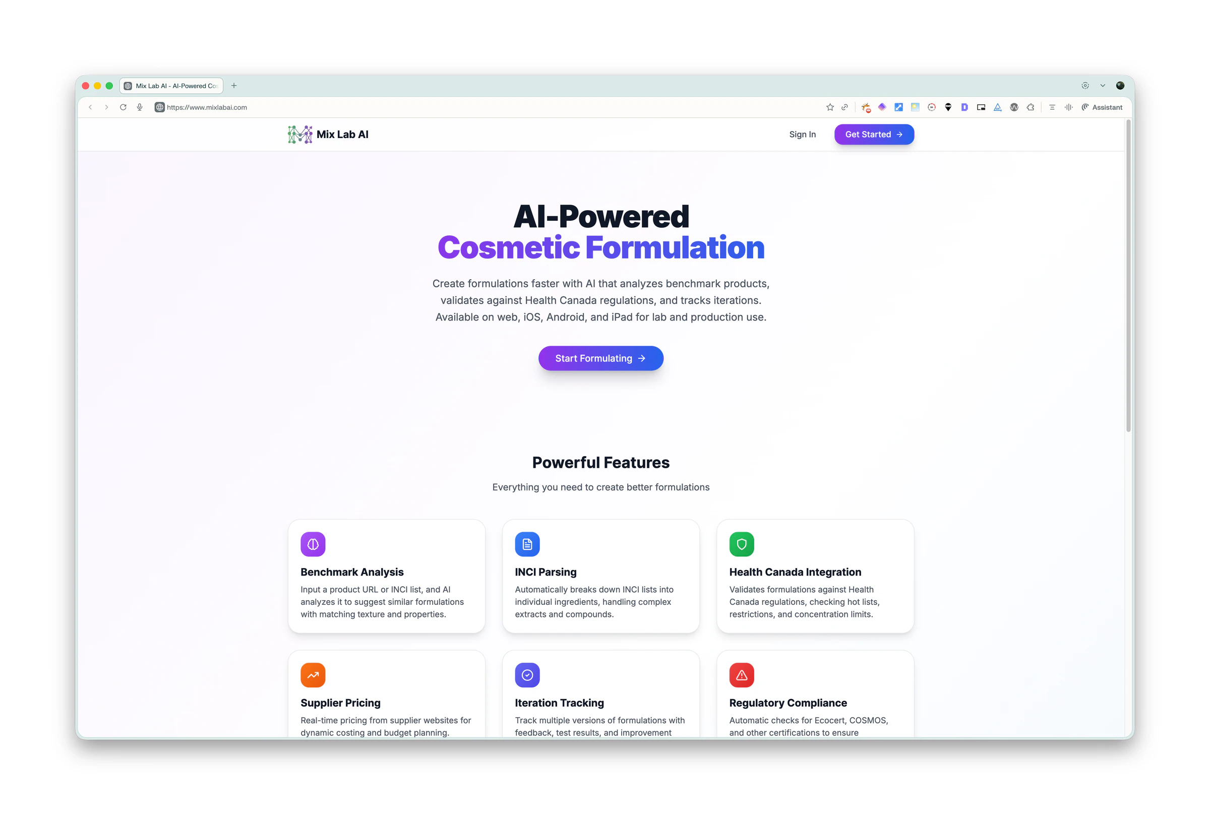 MixLab AI formulation screen