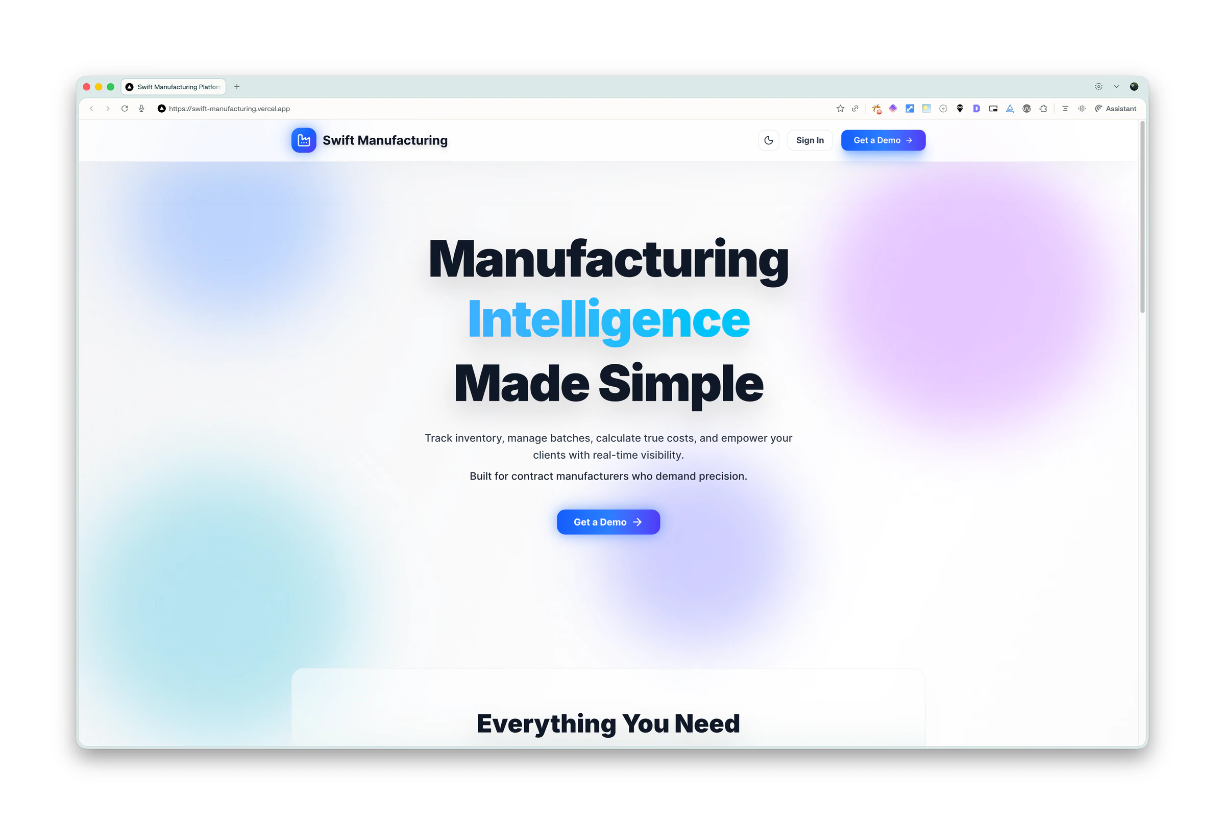Swift Manufacturing dashboard