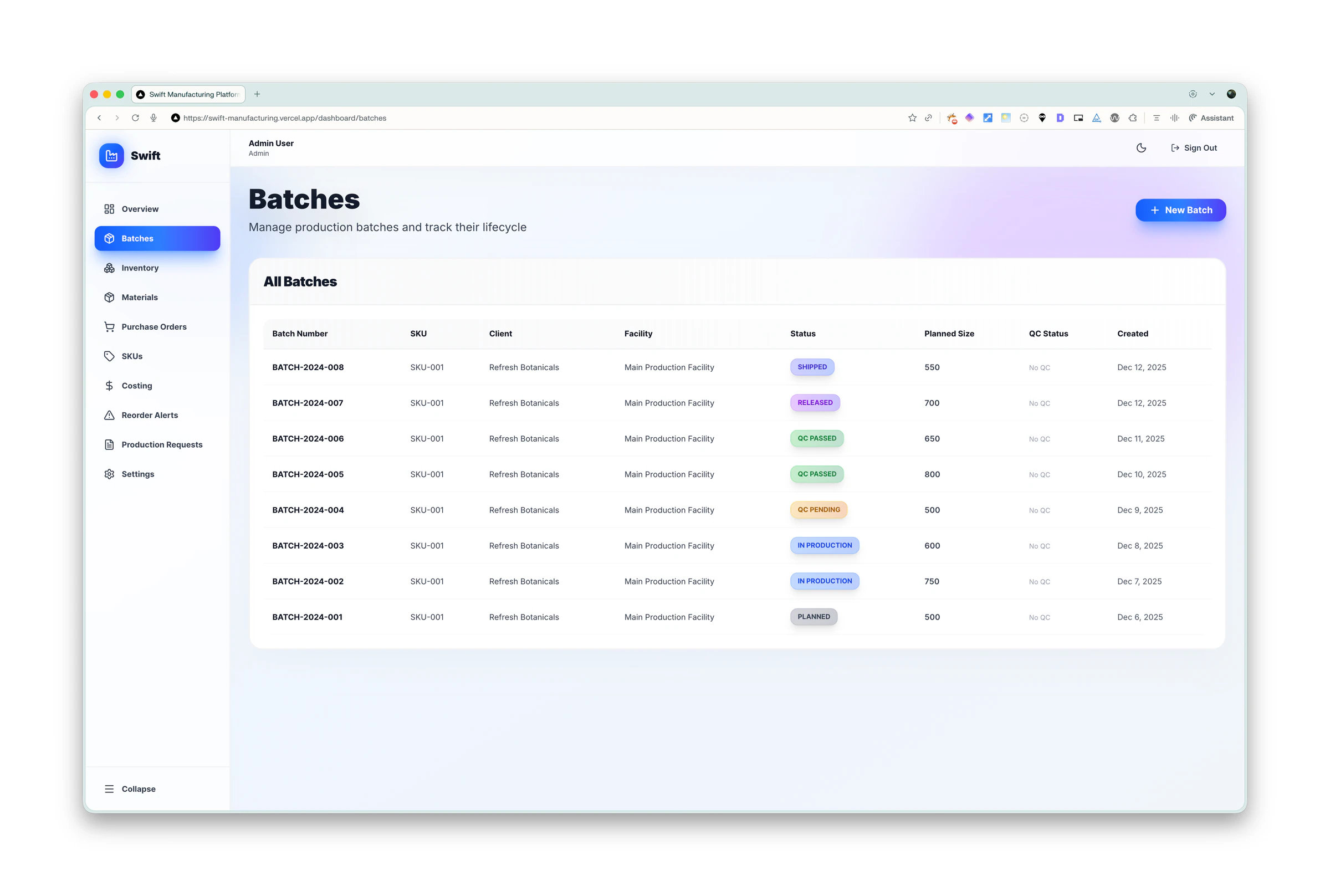 Swift Manufacturing screen
