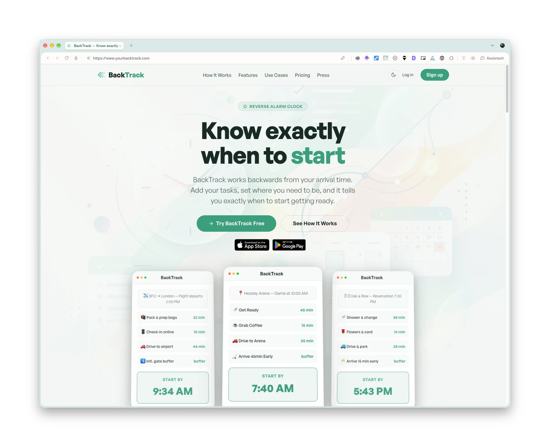 BackTrack landing page: know exactly when to start, with three example plans