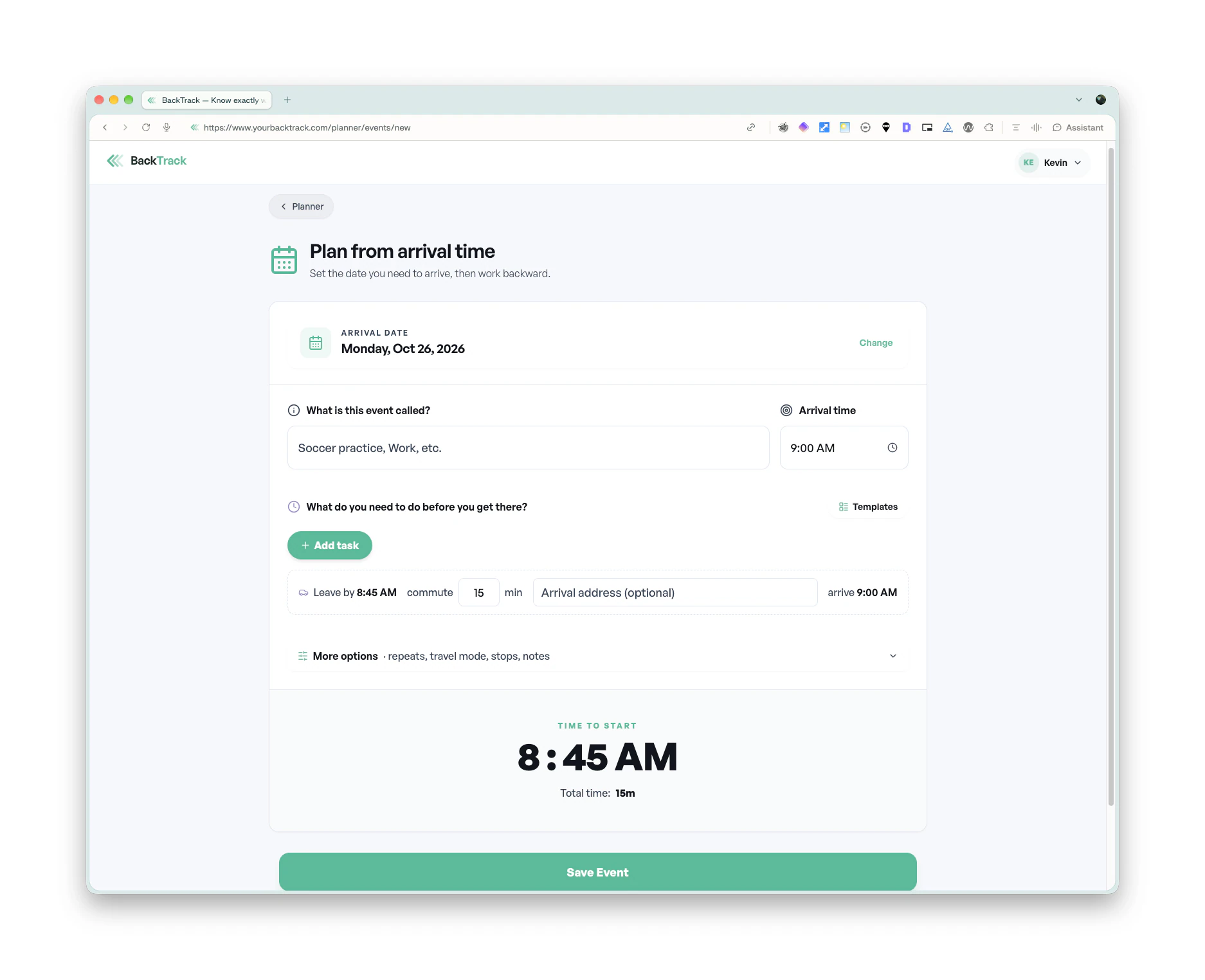 BackTrack planner in light mode showing the time to start, 8:45 AM