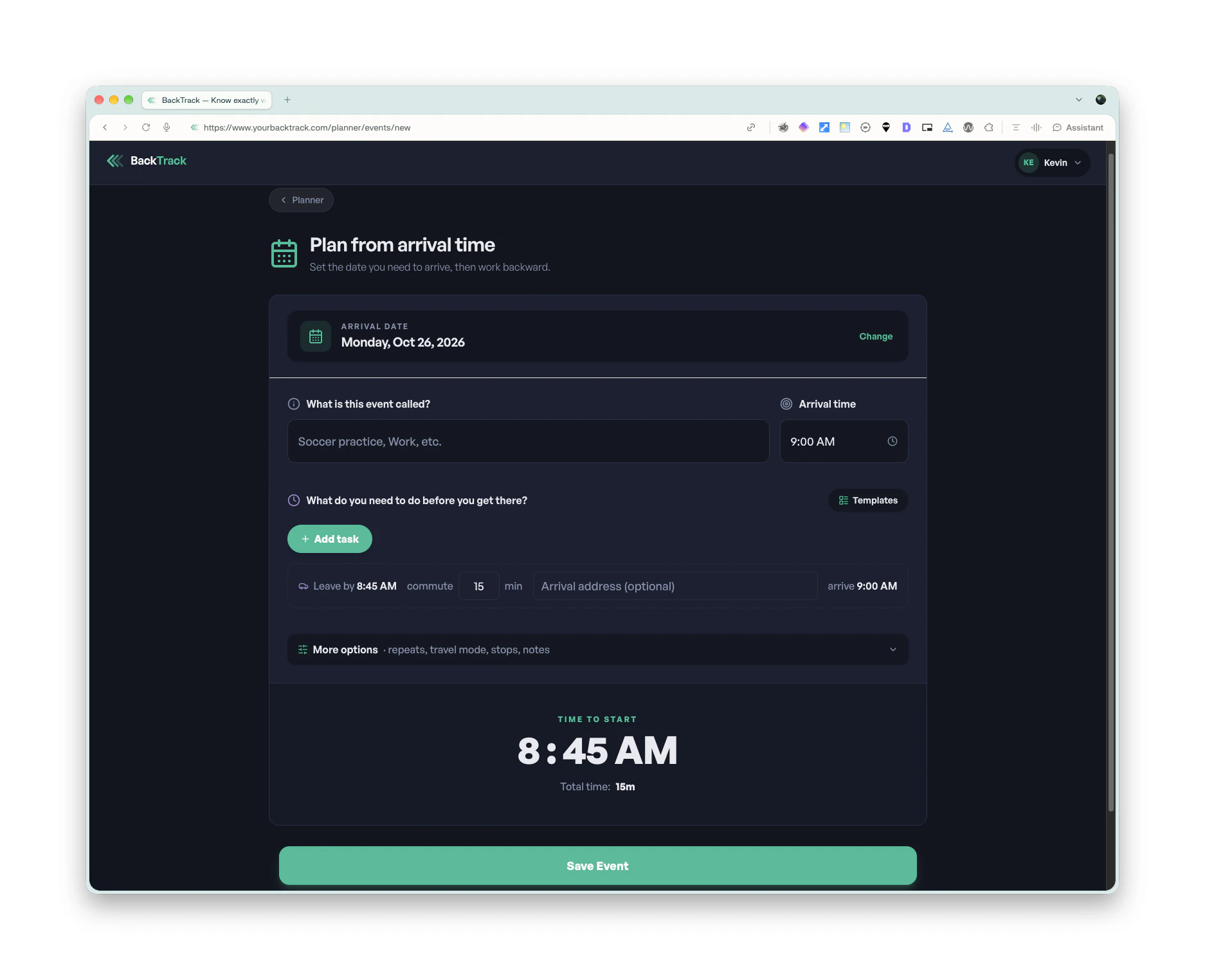 BackTrack planner in dark mode showing the time to start, 8:45 AM