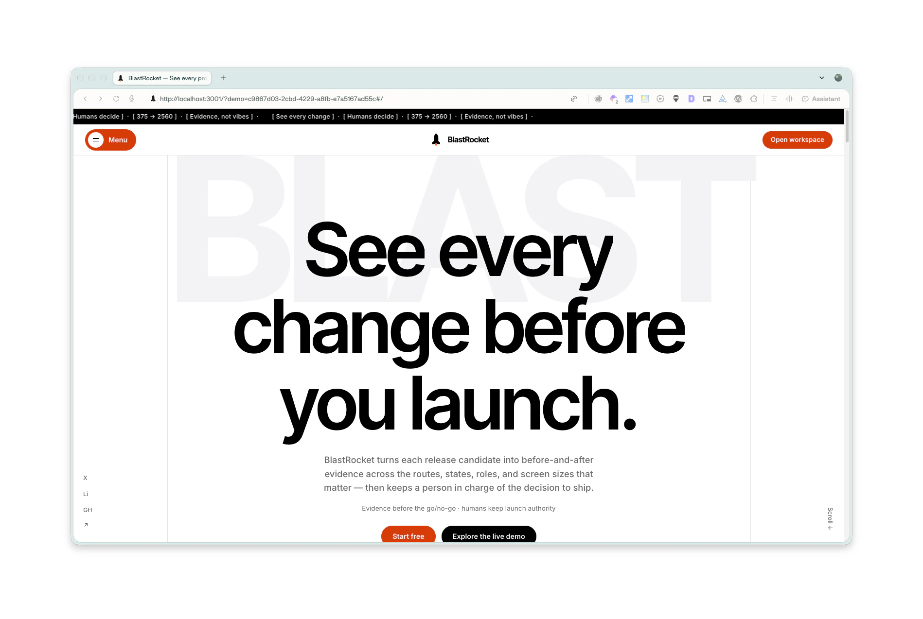BlastRocket landing page: see every change before you launch