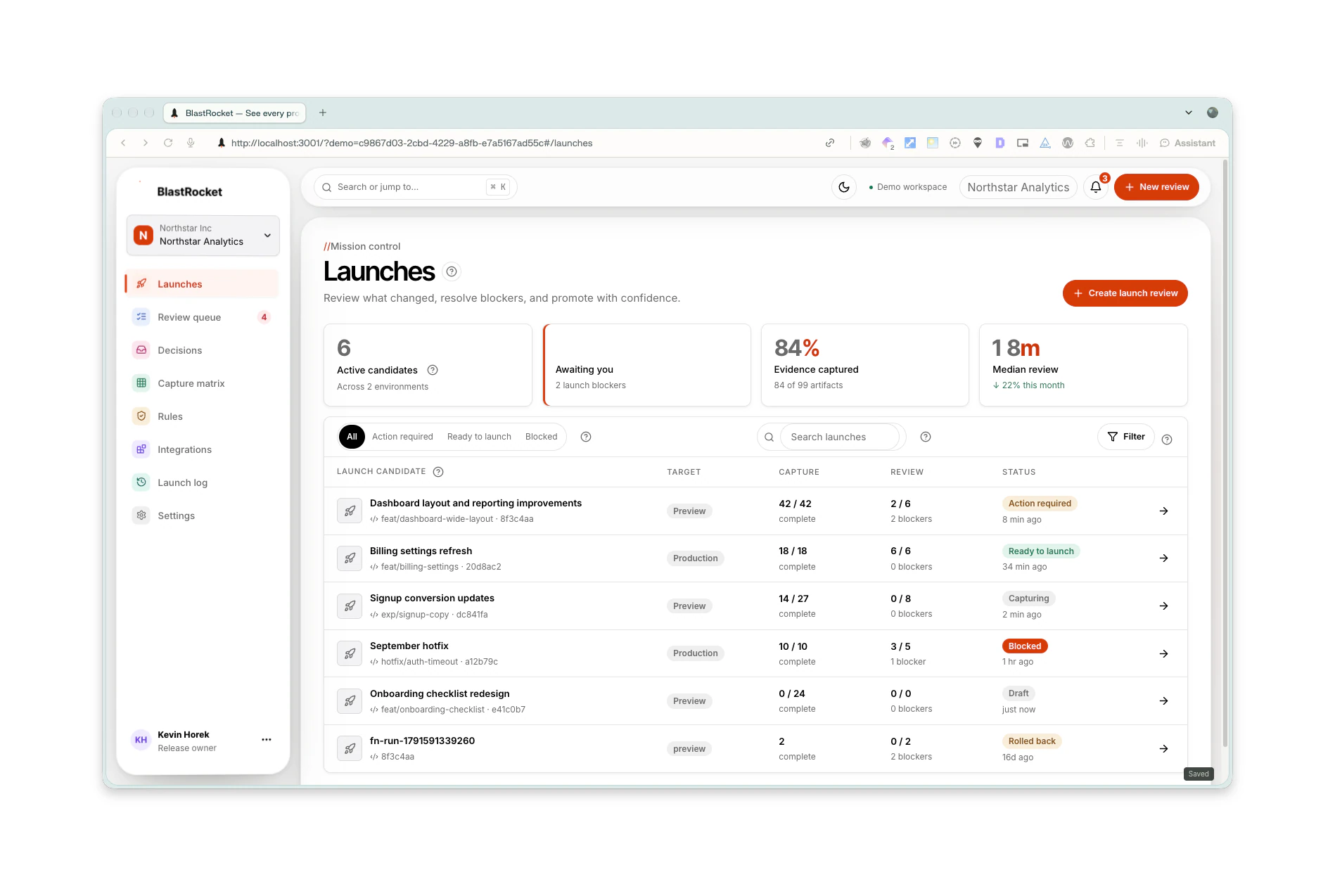BlastRocket launches list with capture and review progress