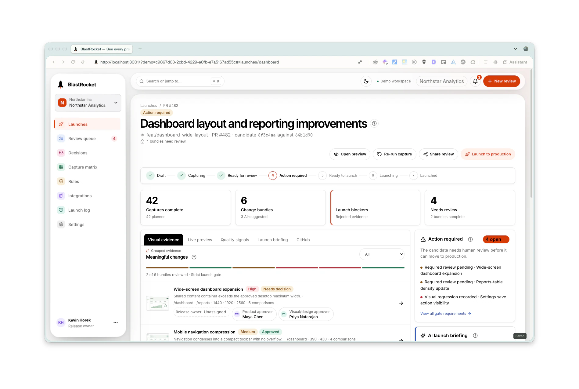 BlastRocket launch review with change bundles and launch blockers
