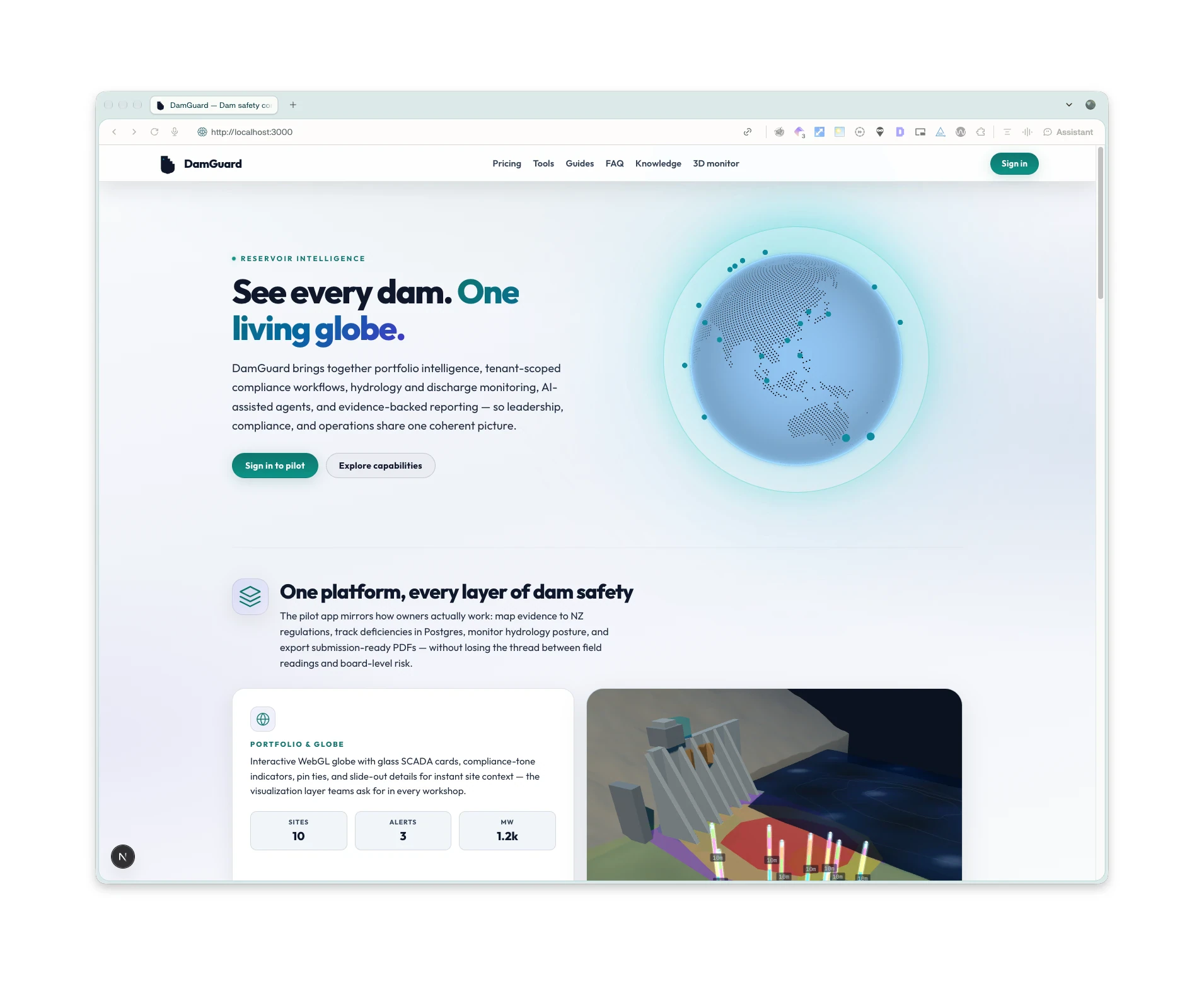 DamGuard landing page: see every dam, one living globe