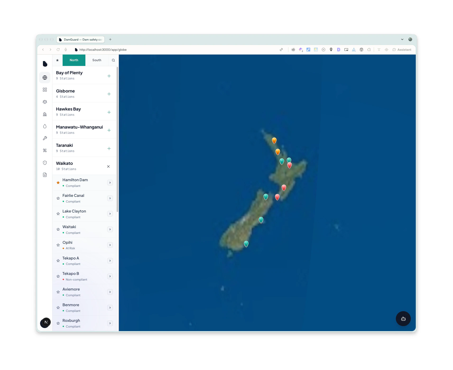 DamGuard globe of New Zealand with dams coloured by compliance state