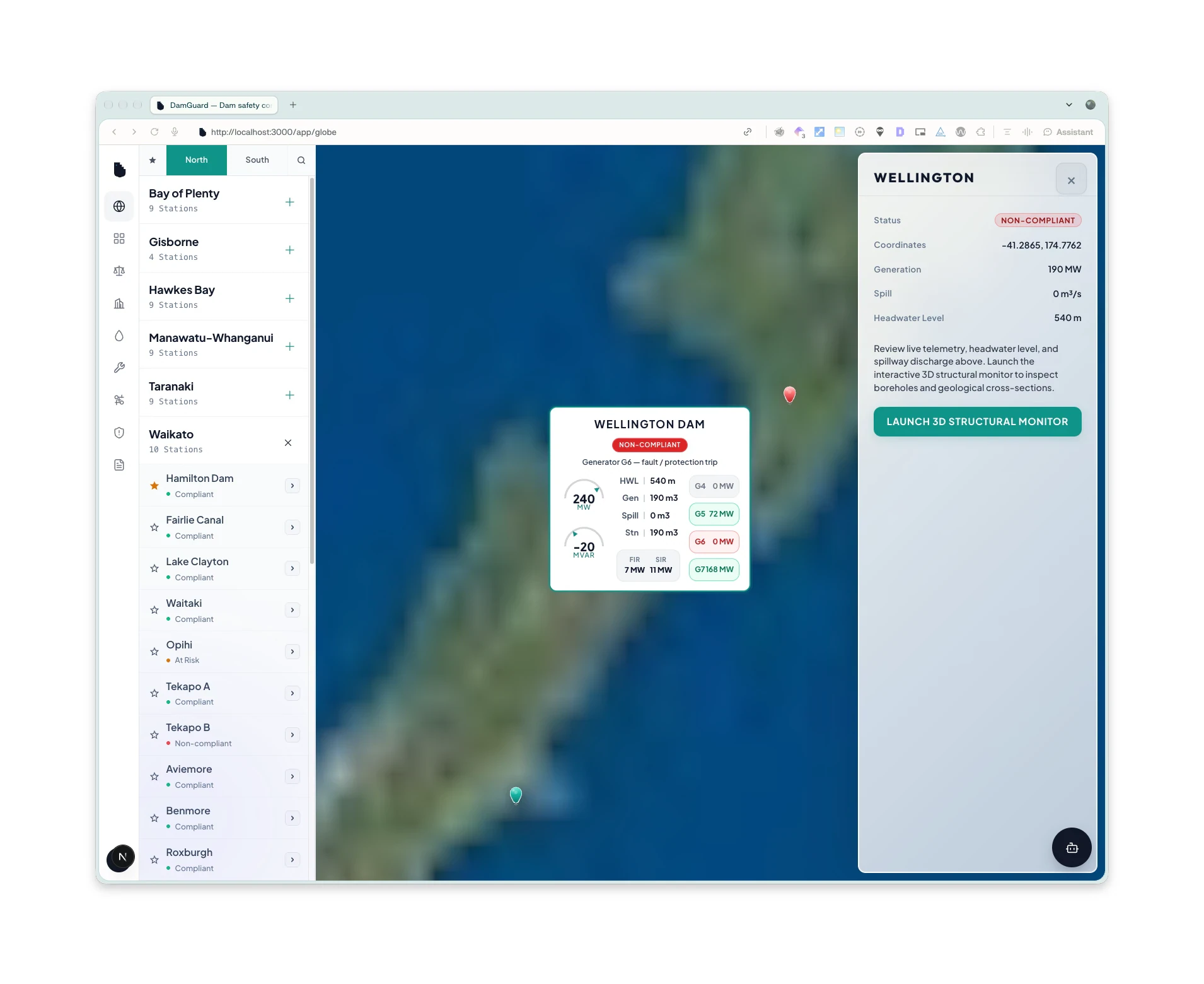 DamGuard site card for Wellington Dam with generation, spill and generator status