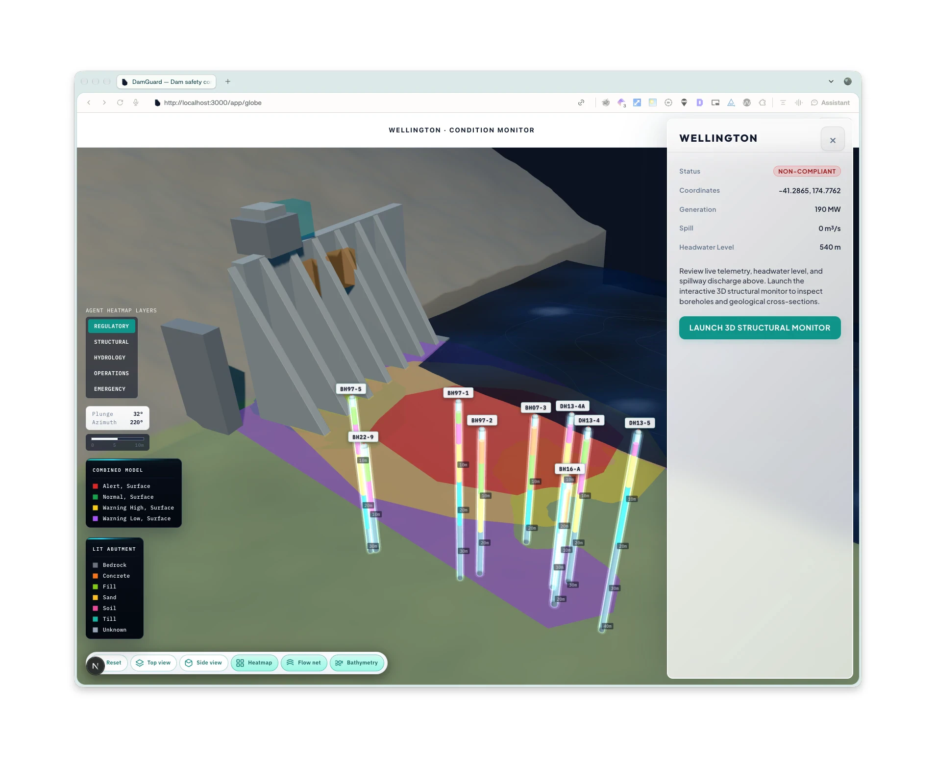 DamGuard 3D structural monitor with boreholes, lithology and agent heatmap layers