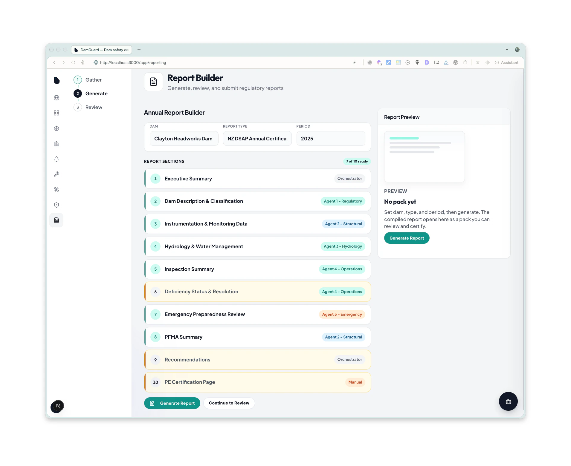 DamGuard report builder for an annual dam safety certificate