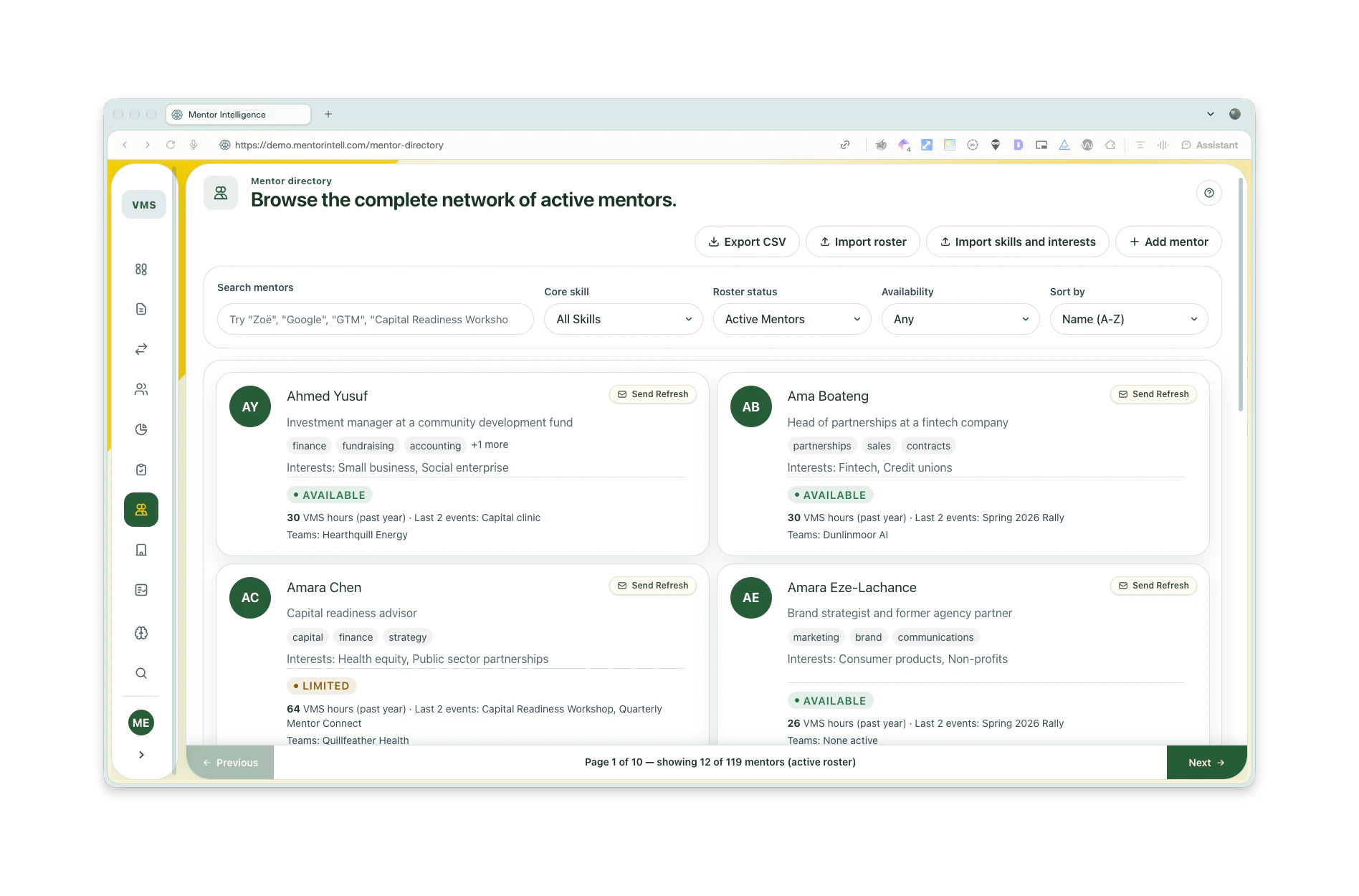 Mentor directory with availability and recent activity