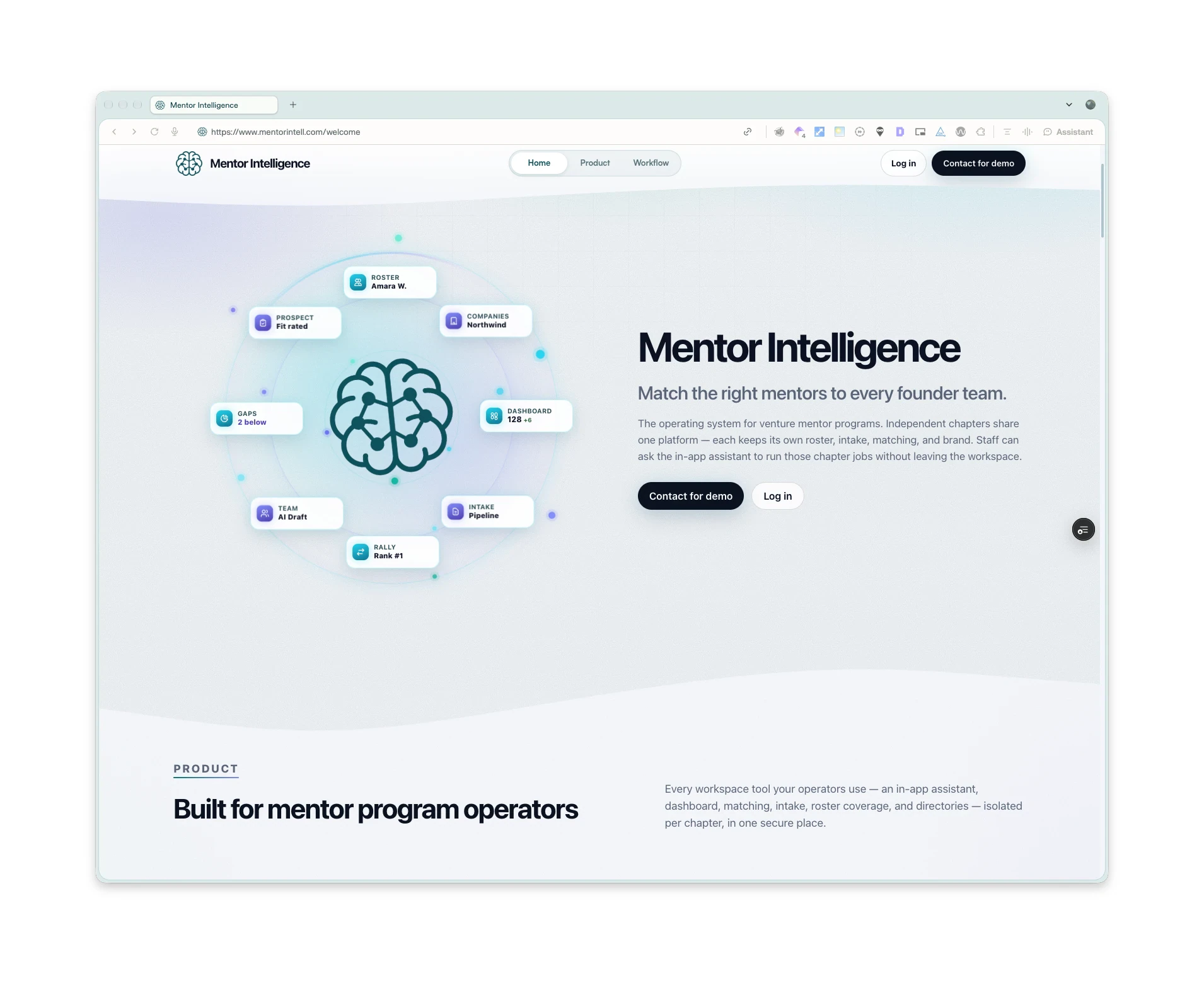 Mentor Intelligence landing page: match the right mentors to every founder team
