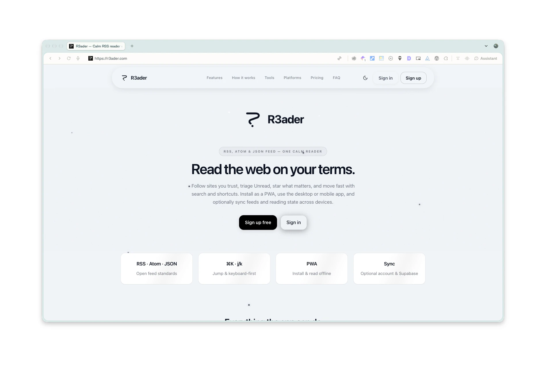 R3ader landing page: read the web on your terms